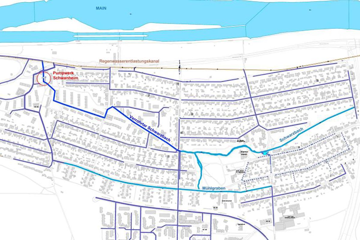 Gewässer- und Regenwasserkanalnetz in der Siedlung Goldstein